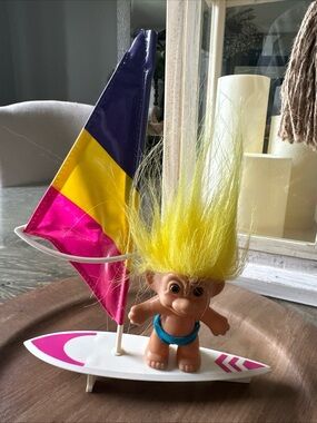 Vintage RUSS 3" Troll Doll - Surfer with Trunk and Surf Board Yellow Hair